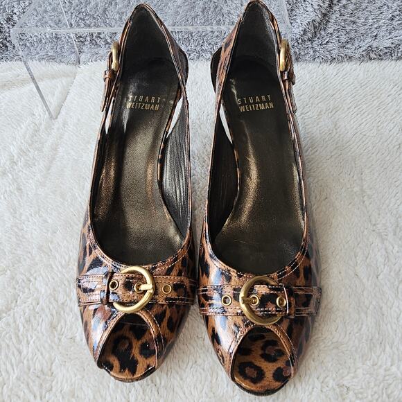 Stuart Weitzman Women's Leopard Peep Toe Pump Stiletto Heel Size 6.5M Multicolor - Picture 2 of 5